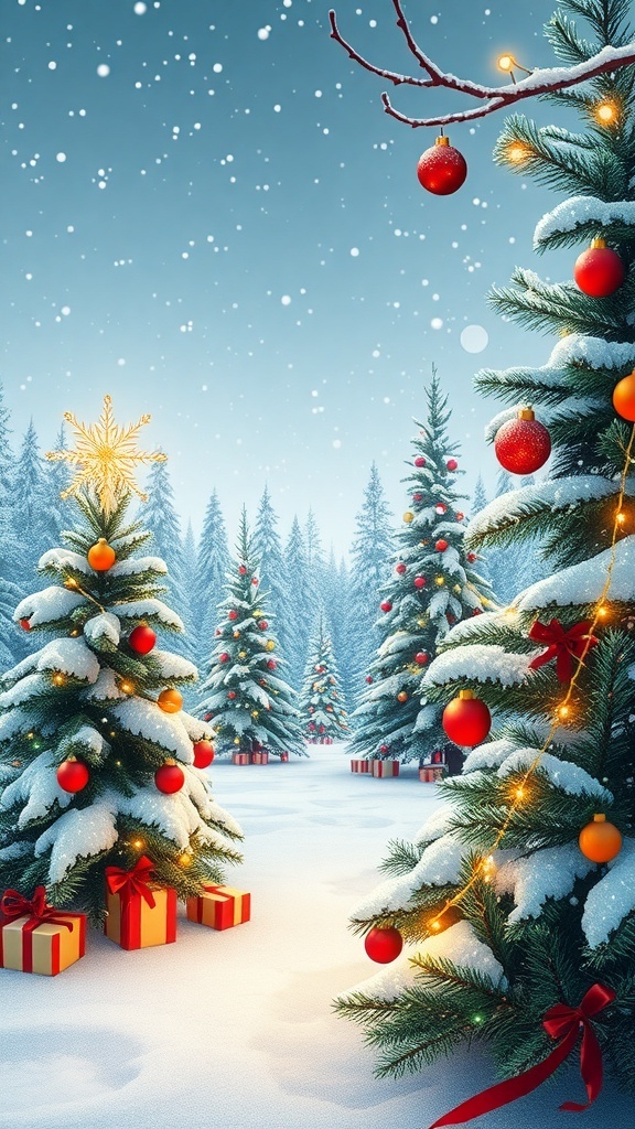 A square Christmas background with a snowy landscape, decorated trees, and festive ornaments.